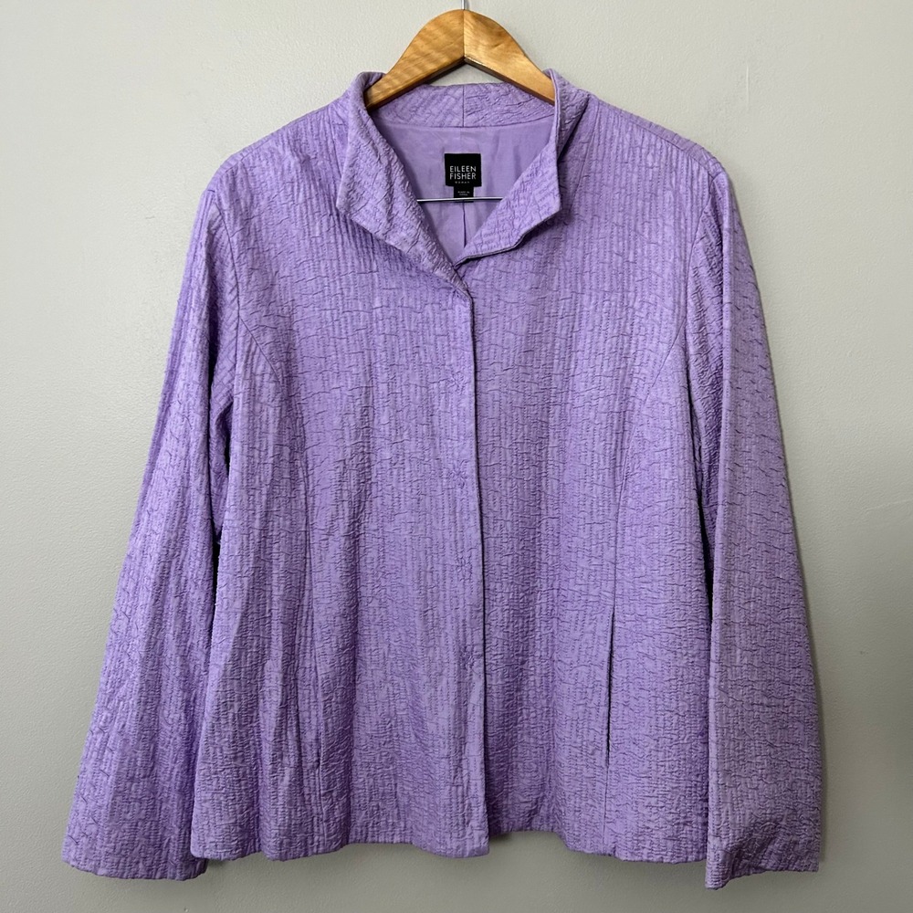 Eileen Fisher Jacket Womens 1X Lilac Textured 100% Silk Snap Front Lagenlook